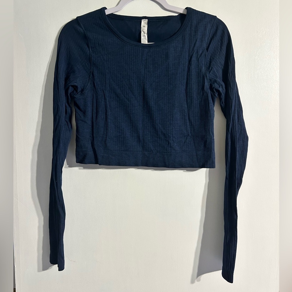 Lululemon Ebb to Street Long Sleeve Cropped C/D Cup True Navy TRNV Size 10